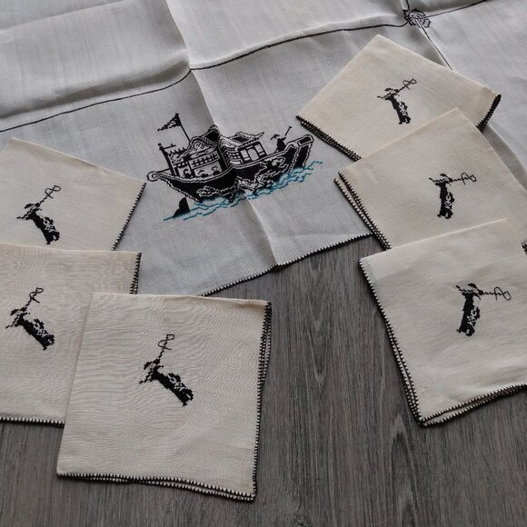Vintage Linen Tablecloth & Napkins Set Black Cross Stitch Dragon Boat Pagoda - Picture 1 of 16